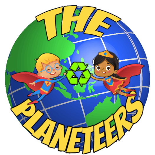 The Planeteer logo of the Earth globe showing recycle logo in centre, surrounded by a boy and girl Superhero.